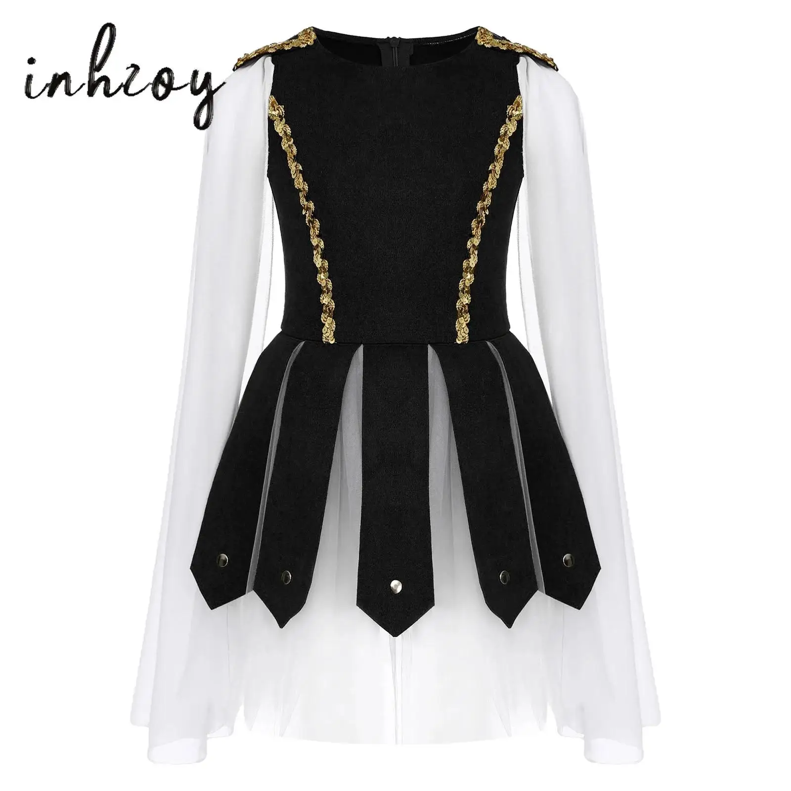 

Girls Roman Soldier Gladiator Costume Shiny Sequins Round Neck Flying Sleeve Puffy Dress for Halloween Christmas Party Cosplay