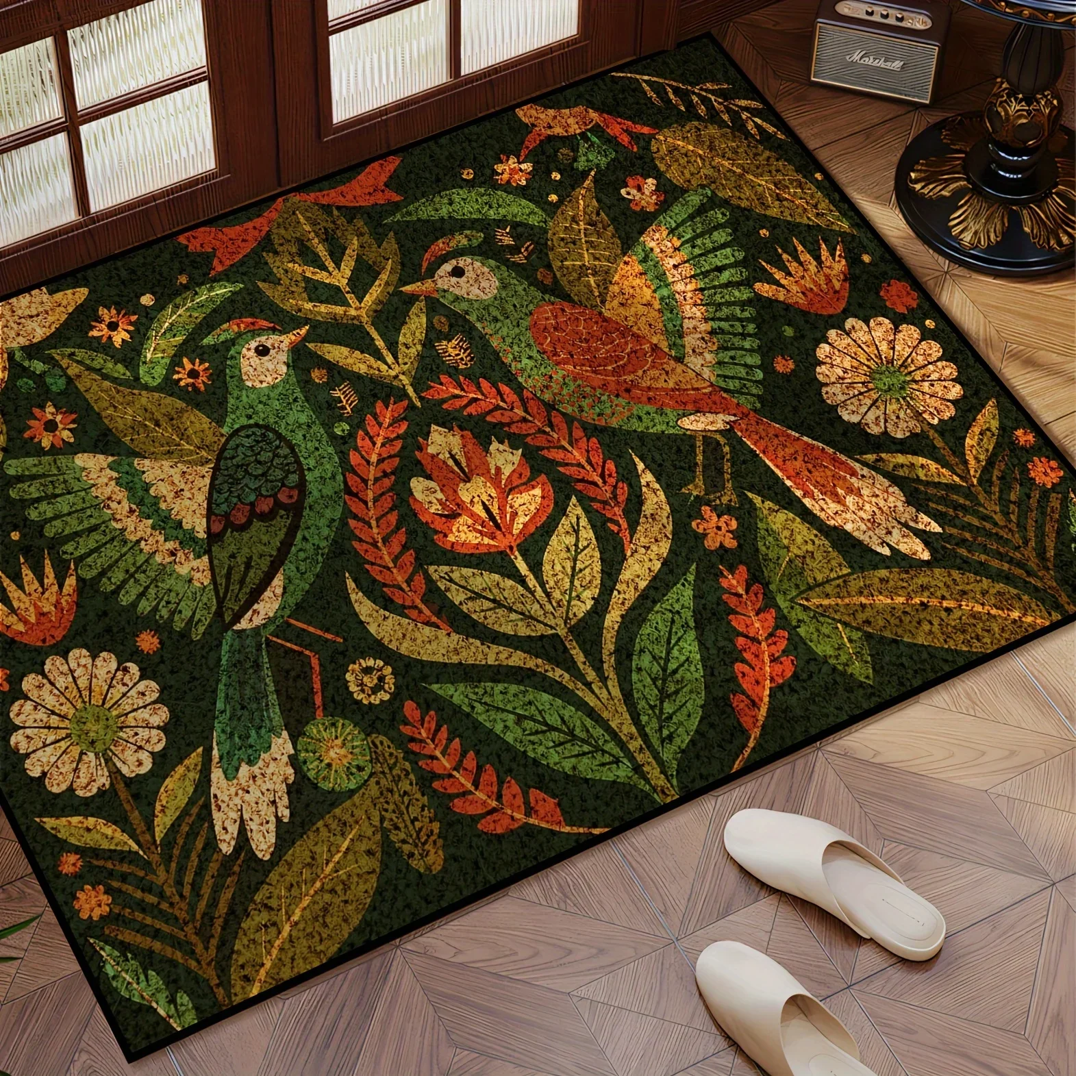 Vibrant Floral and Bird Pattern Doormat - Colorful Nature Design for Welcoming Home Décor, Perfect for Entryways