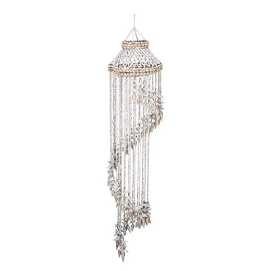 

Coastal decor wind chime with bamboo pieces, coconut top, burnt tropical flower design, gray color for stairway shell applicati