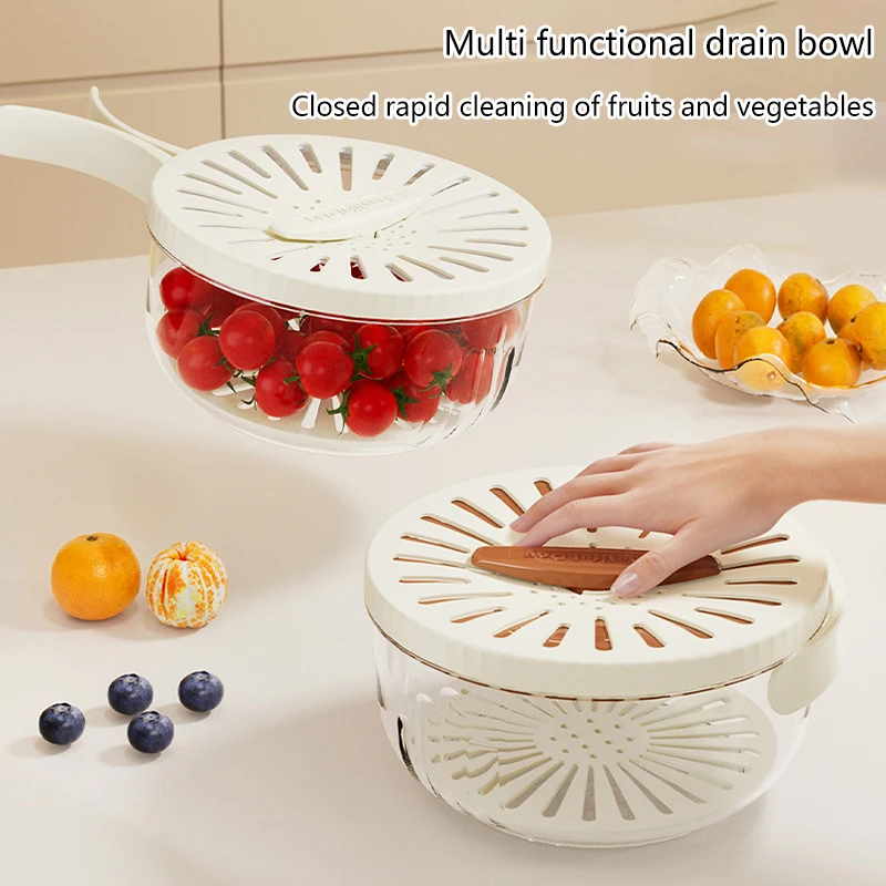 Drain Basket With Lid Fruit Washing Drain Basket With Foldable Handle Refrigerator Storage Bowl Home Kitchen Organizer