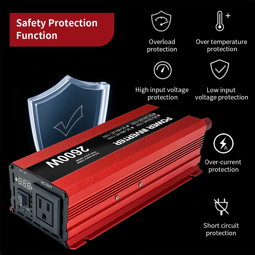 12V 24V 48V 60V zu 110V 220V 230V 1600W-2600W Spitzenleistungs-Wechselrichter-Adapter-Konverter EU-Stecker Auto-Wechselrichter