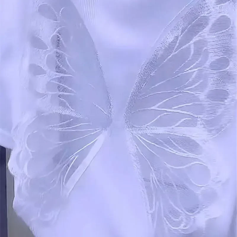 Korean Solid Color T-shirt Butterfly Three-dimensional Decoration Female Summer Elegant V-Neck Sexy Backless Pullovers Z254