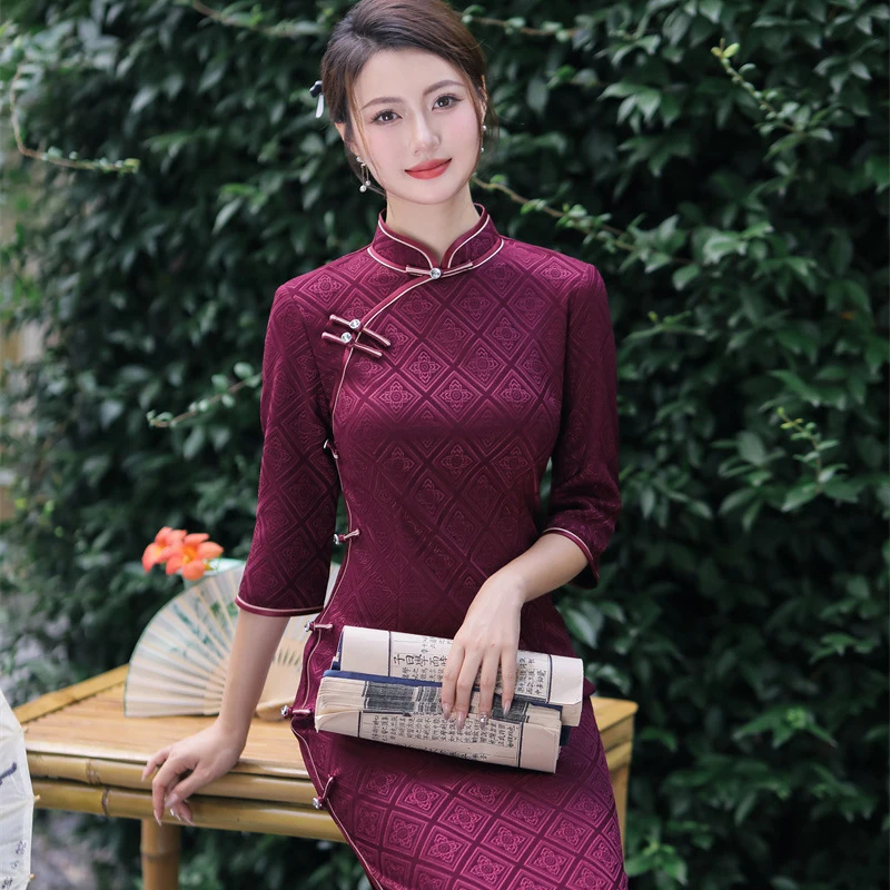 Autumn Winter Champagne Vintage Ethnic Style Wedding Mother Banquet Qipao Women's Long Tight Mandarin Collar Elegant Vestidos