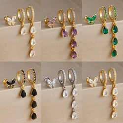 3PCS Stainless Steel Water Drop Butterfly Hoop Earrings Vintage Small CZ Zircon Piercing Women's Earrings Set 2024 Trend Jewelry