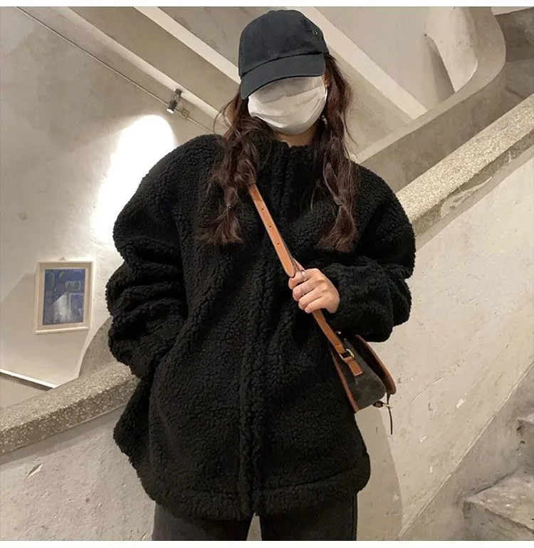 เสื้อสเวตเชิ้ตผ้าฟลีซแบบไม่มีฮู้ดสำหรับผู้หญิง แบบซิป Y2K สำหรับฤดูใบไม้ร่วง ระบายอากาศได้ดี ทรงโอเวอร์ไซส์ สไตล์นักเรียน สำหรับกิจกรรมกลางแจ้ง ถักนิตติ้ง