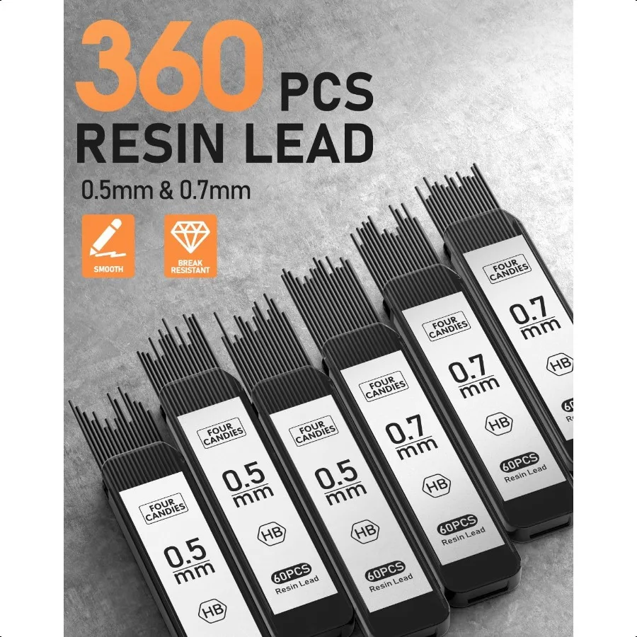 Conjunto de lápis mecânicos de metal, 2 peças, com estojo, 0.5mm, 0.7mm, lápis artístico com 6 tubos, 360 peças, recargas de chumbo hb, 3 borrachas, 9 borracha r