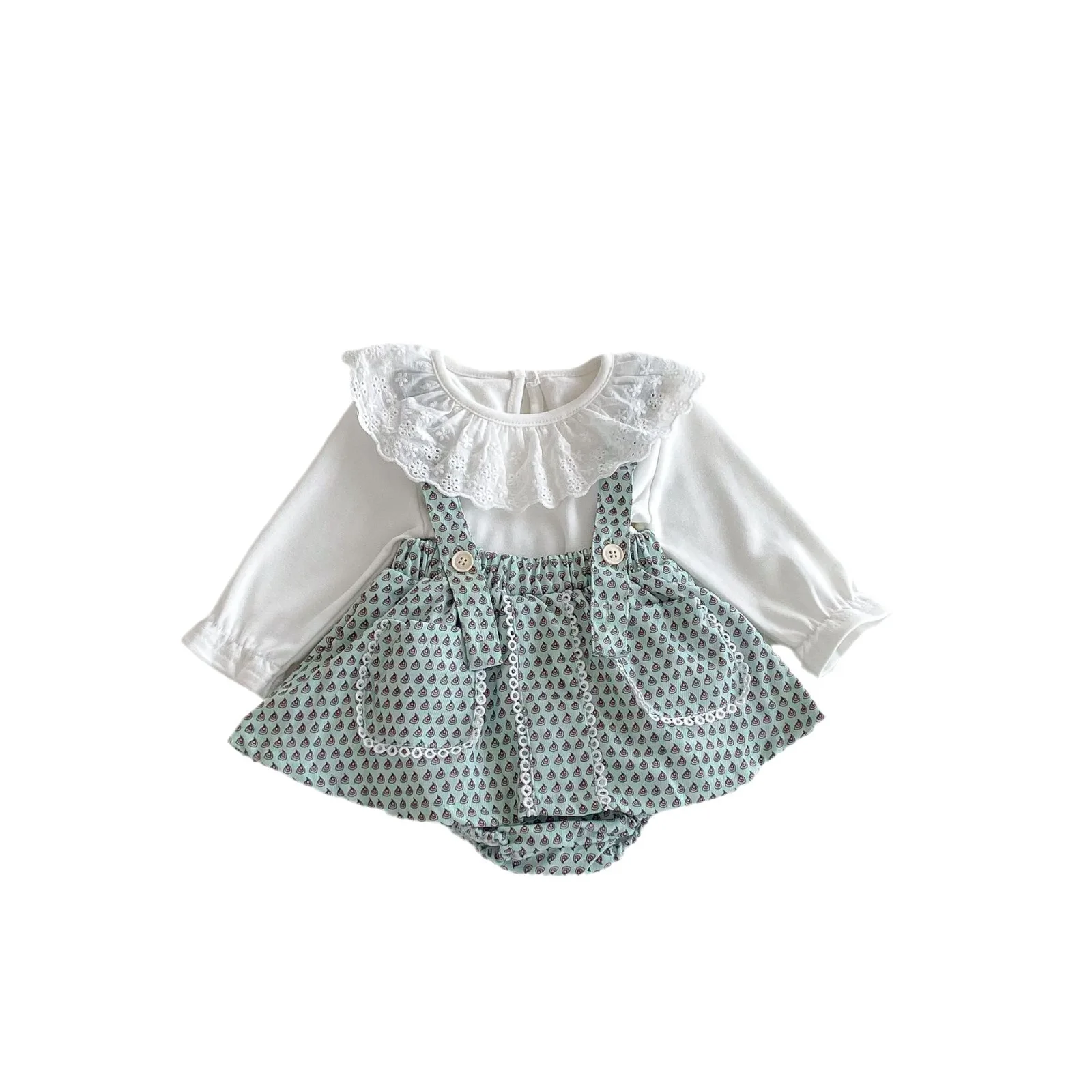 2024 Ins Autumn Baby Girls 2PCS Clothes Set Cotton Solid Shirts Strappy Lace Pocket Printed Skirts Suit Toddler Girls Outfits