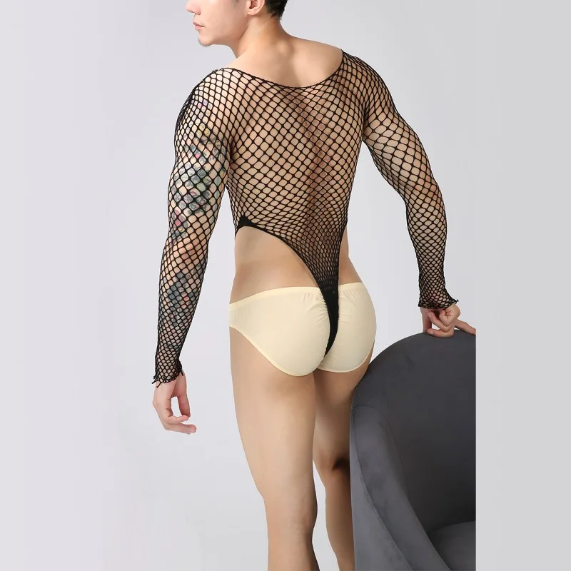 رجل مثير طاقم الرقبة طويلة الأكمام شبكة صيد السمك جوفاء البرية إغراء بذلة الملابس الداخلية