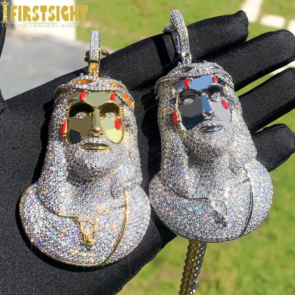 Iced Out Religious Jesus Head Pendant Necklace Gold Color Bling CZ 5A Zircon Faith Cross Charm Men's Hip Hop Jewelry