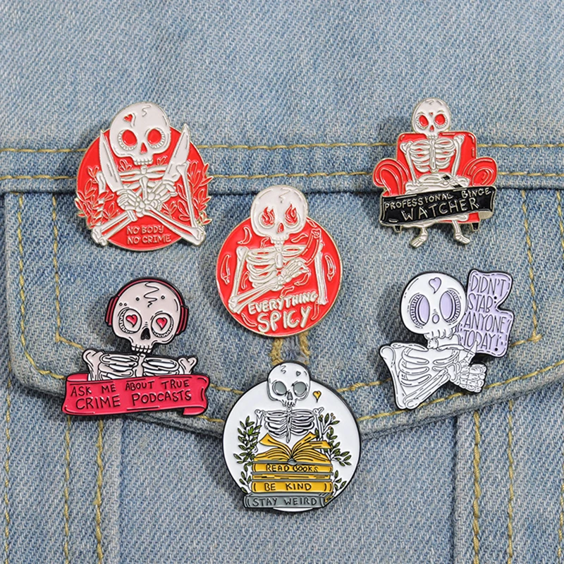 

Red Punk Skeleton Enamel Pins Custom ASK ME ABOUT TRUE CRIME PODCASTS Brooches Lapel Badges Punk Gothic Jewelry Gift for Friends