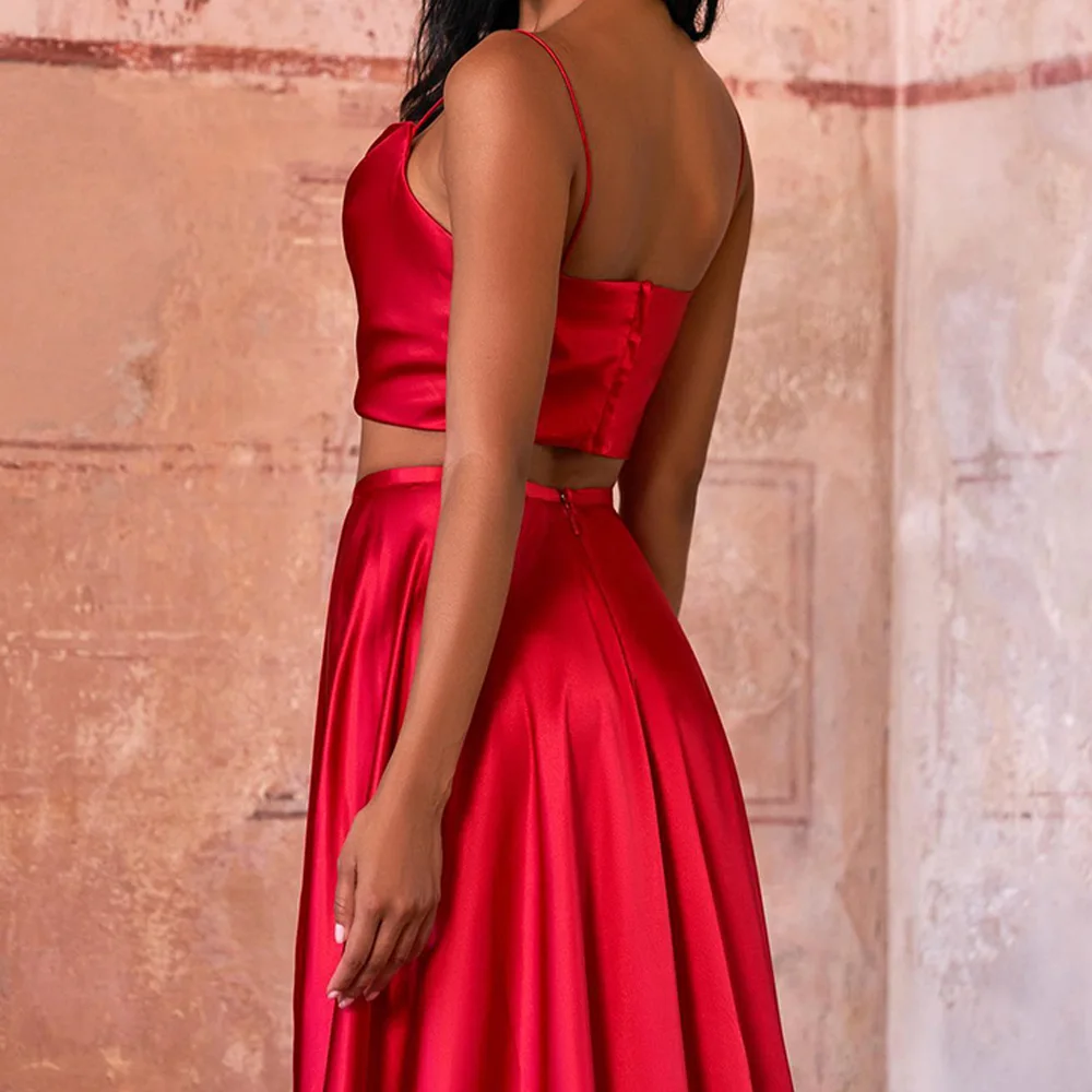 Zipper Back Sleeveless Satin Spaghetti Straps Boat Neck Floor Length Side Slit A-Line Delicate and Temperament Evening Dress