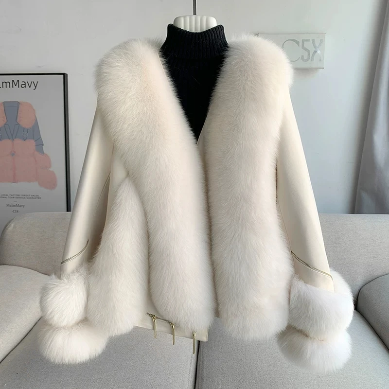 Fox fur grass Coat Women 2026 New Full leather sheepskin Goose Down Coats fur integrated Winter Warm Short Overcoat High quality