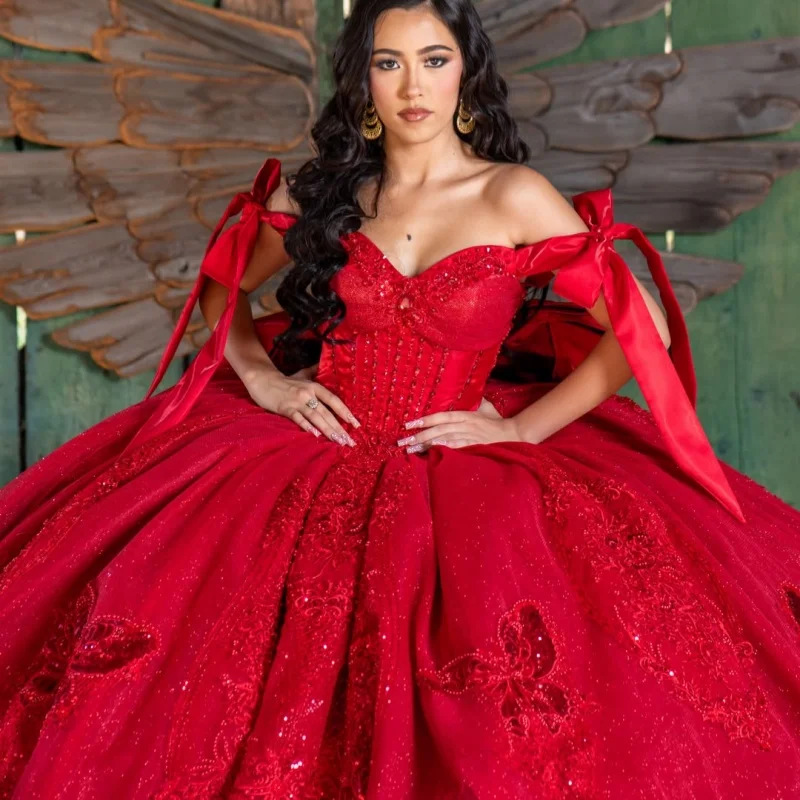 Shiny Red Quinceanera Dress Crystal Glitter Decal Long tail off-shoulder Big Bow Lace Vestidos De 15 Quinceanera ﻿Customize