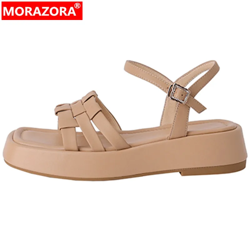 MORAZORA 2024 New Arrive Retro Flat Heels Shoes Top Quality Genuine Leather Women Sandals Ladies Dress Platform Shoes