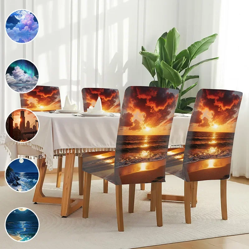 High elastic printed dining chair cover, sunset night pattern, suitable for household dining tables and chairs
