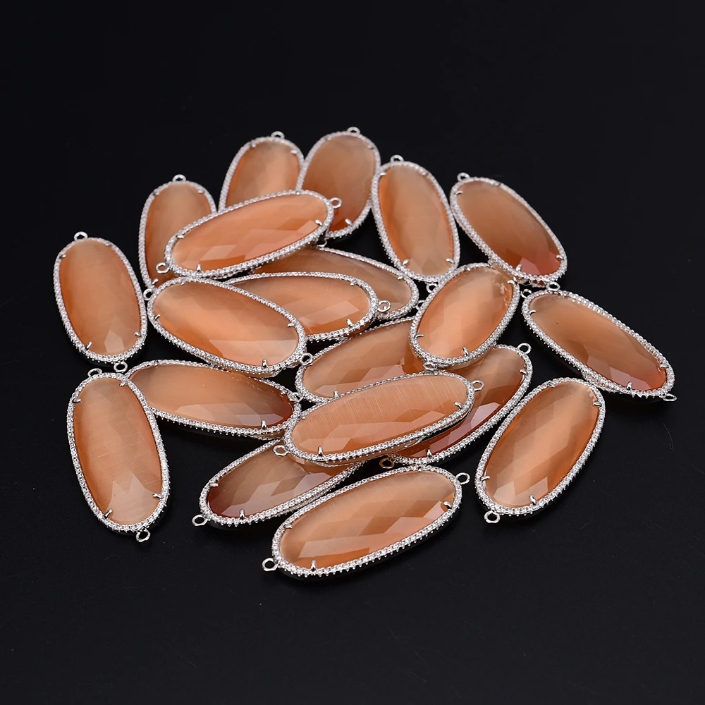 APDGG 5 Pcs Big Natural Orange Cat eye Stone Cz Paved Sliver Color Connector Pendant Jewelry Making DIY