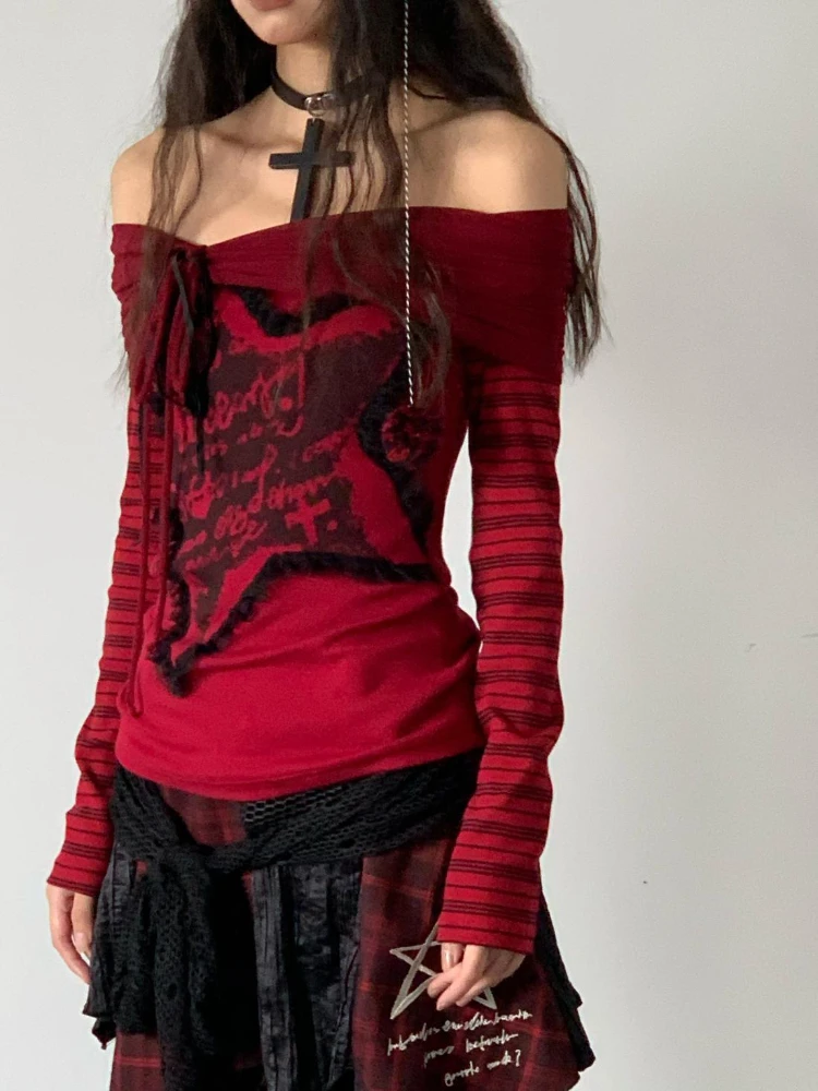 

Deeptown Harajuku Vintage Off Shoulder T Shirts Women Gothic Grunge Striped Patchwork Tees Fairycore Slash Neck Crop Tops Kpop