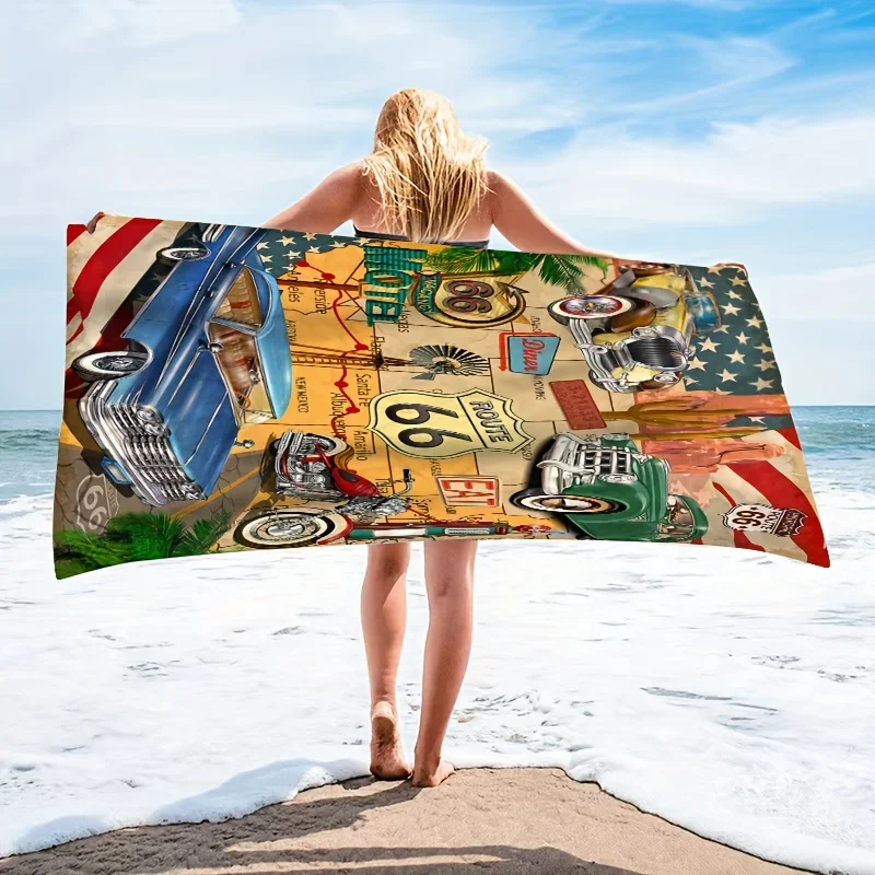 Vintage Car Pattern Beach Towel, Retro Sign Design Soft Quick Dry Microfiber for Beach Swimming Vacation Lovers Summer