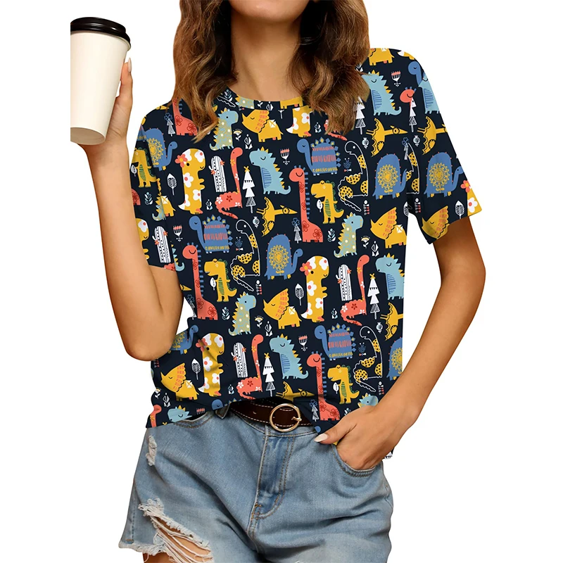 귀여운 공룡 그래픽 티셔츠 3D 인쇄 여성 오-넥 반팔 티셔츠 streetwear y2k 하라주쿠 티셔츠 기본 탑 여성 의류