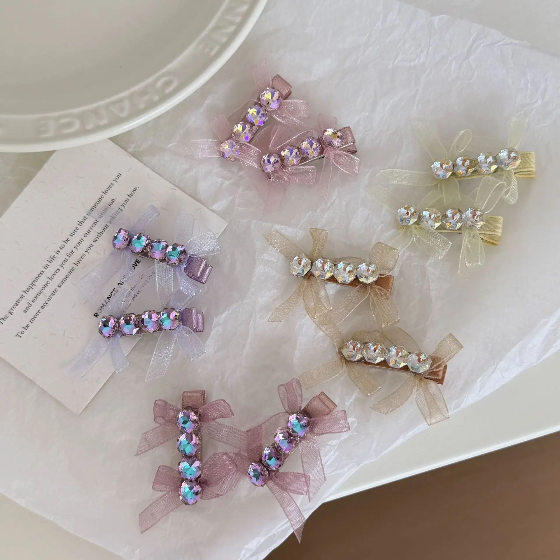 

Hair Clip Tulle Bow Rhinestone Colorful Metal Duckbill Side Back Head Trendy Lightweight Comfortable Premium Strong