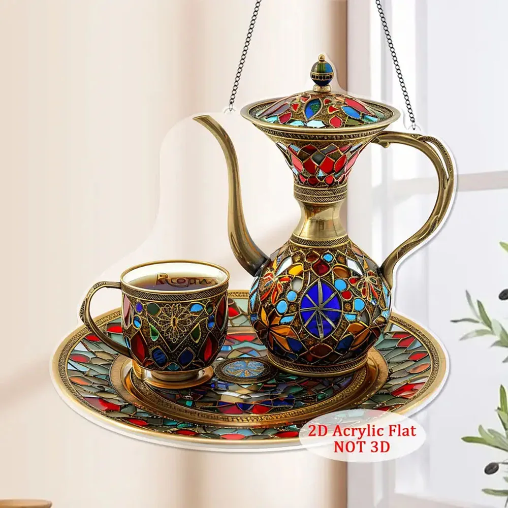 2D Flat Acrylic Luxury Arabic Tea Set Light Catcher, 2D Flat Acrylic Mosaic Plastic, Ramadan Decoration, Holiday Table