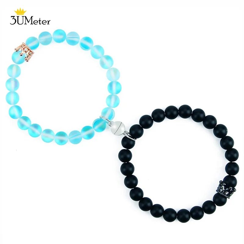 2pcs/set New Trendy Couple Bracelet Magnetic Romatic Natural Stone Couple Distance Bracelets Healing Crown Lovers Jewelry Gift