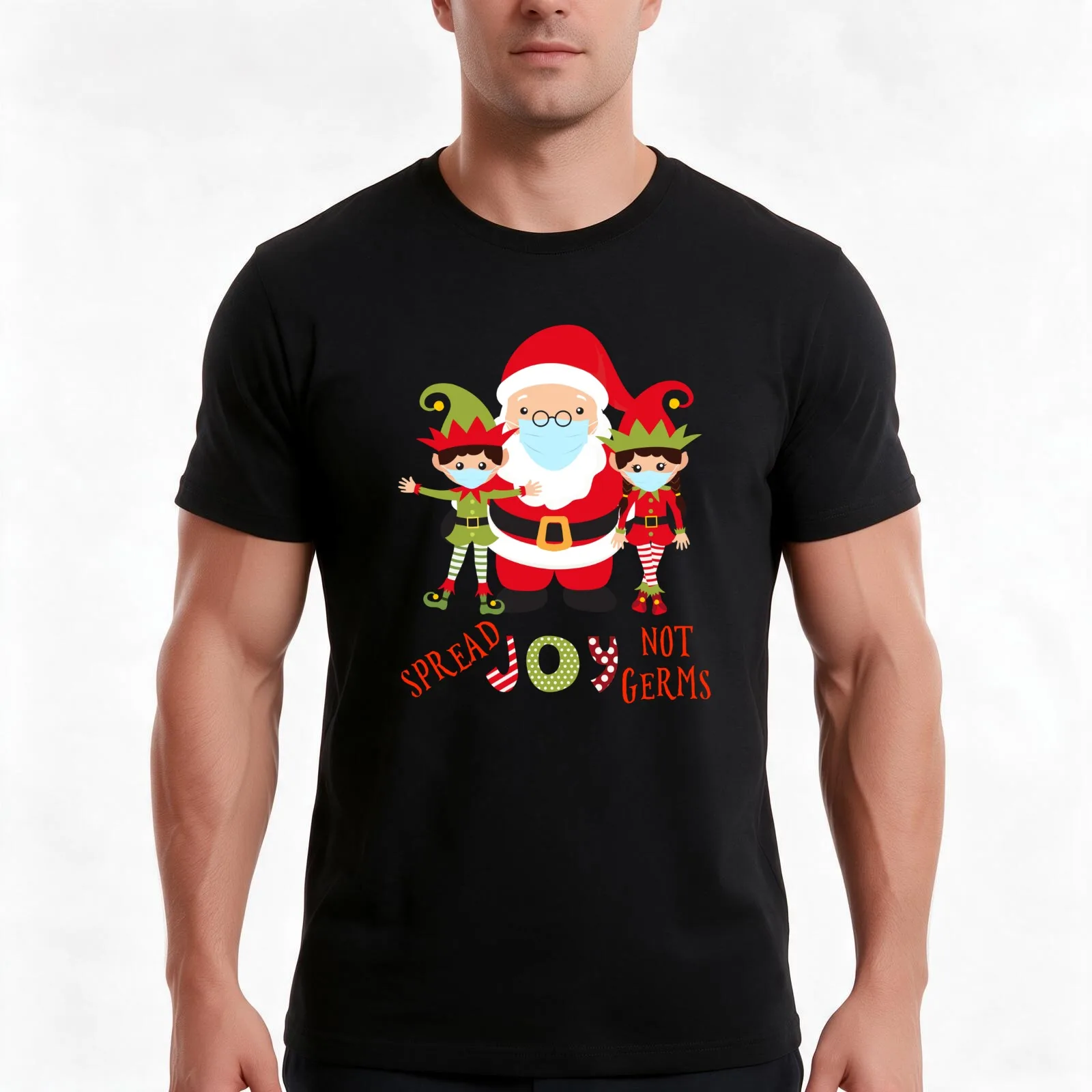Spread Joy not Germs Santa Elf 2020 Christmas T-Shirt, Summer Casual Cotton Tee, Oversized Streetwear Tops, Unisex Men Women