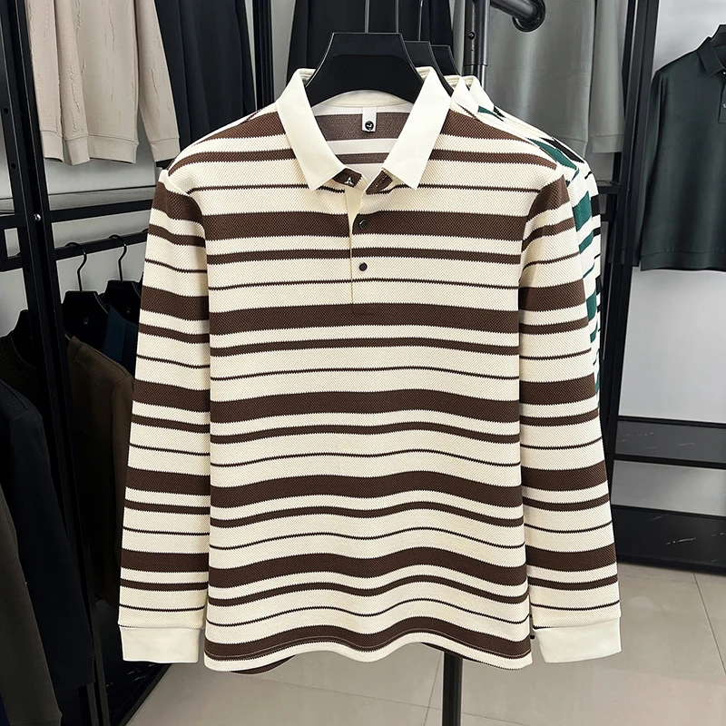 Men's Autumn Striped Long-Sleeved T-Shirt Collar Multi-color Long-Sleeved Polo Shirt High Quality Trendy Casual Drape Men's Wear