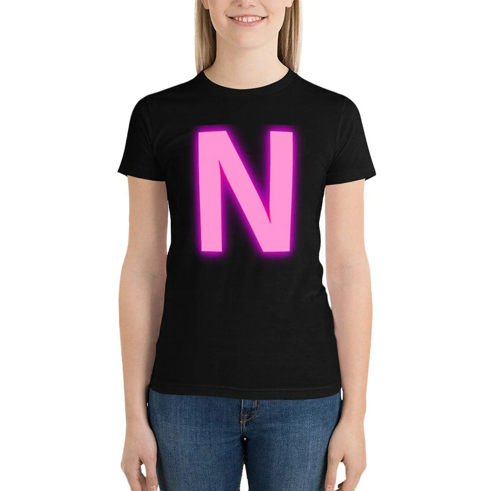 Letter N Pink Neon Lights T-Shirt Blouse customs funny workout t shirts for Women image 4