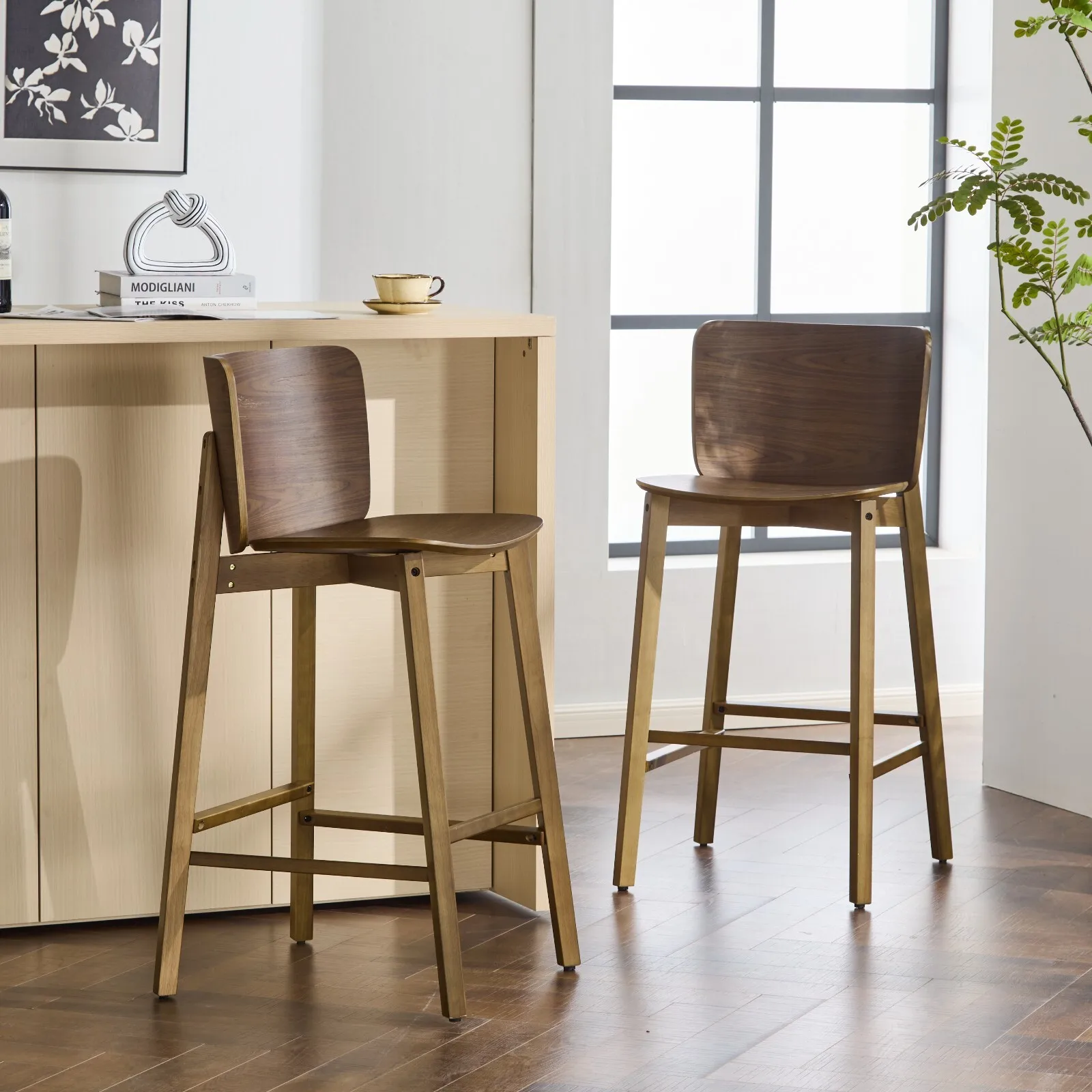 

Барные стулья из орехового дерева, 42 дюйма, с изогнутой деревянной спинкой, каркас из каучукового дерева, комплект из 2 штук