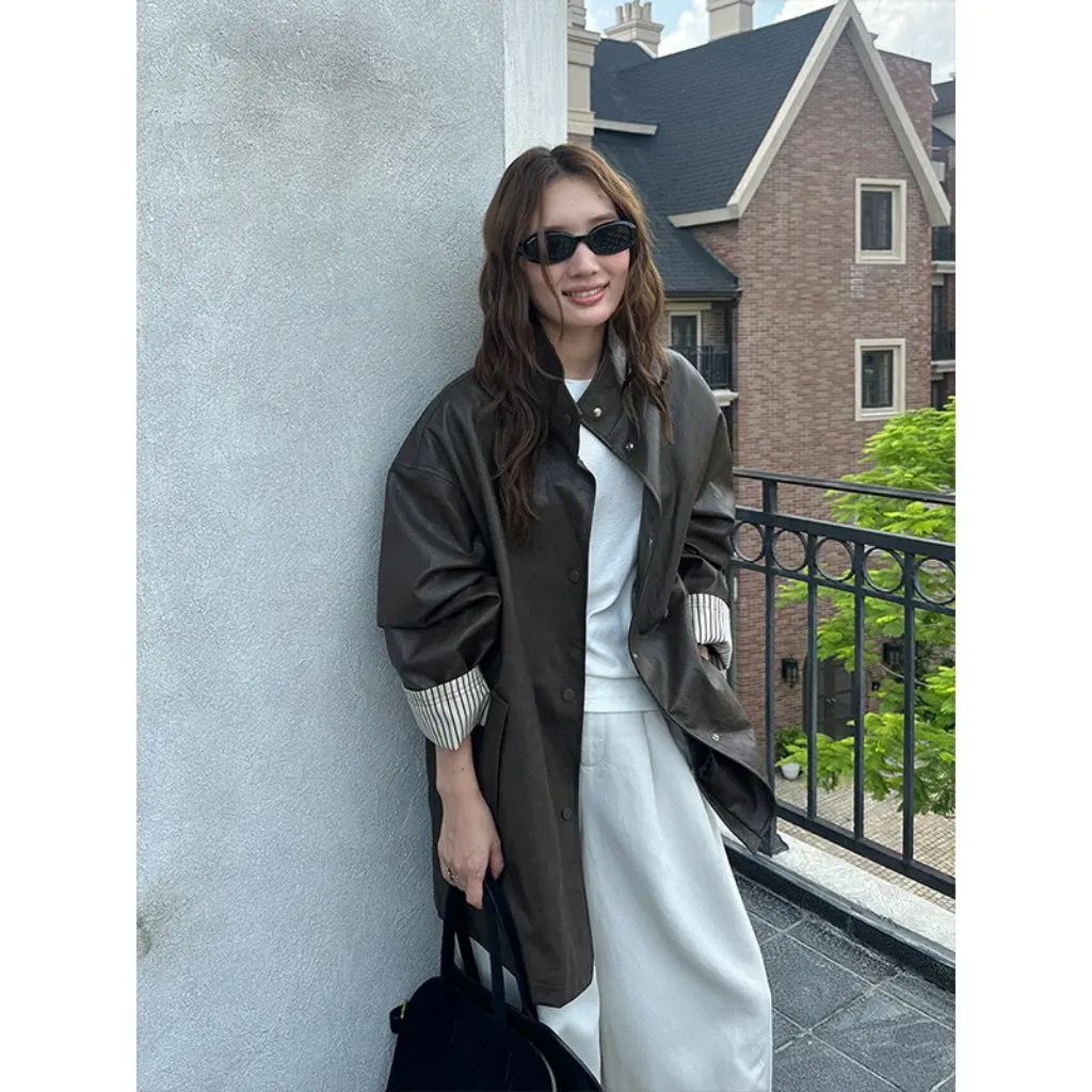 The Mind-Chaqueta de piel sintética para mujer, prendas de vestir exteriores de longitud media y sensación holgada, nuevo estilo T5383Q, abrigo informal de moda