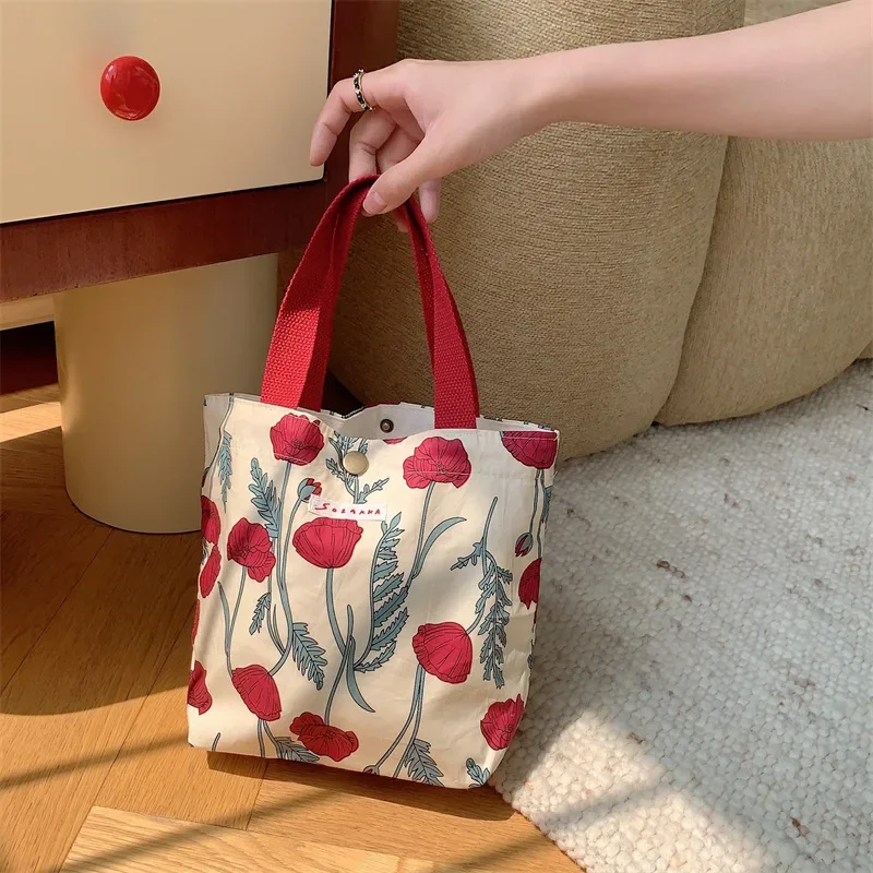 Mini bolsos de lona con estampado Floral para mujer, bolsas de compras reutilizables ecológicas, de algodón, informales, portátiles, pequeñas