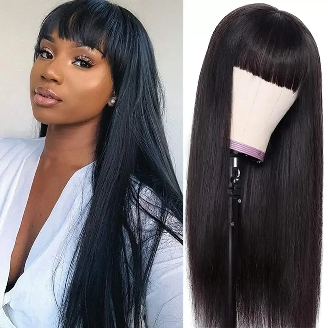 Lafino 30 36inch Wig With Bangs Black Wig Human Hair Without Lace Wig Straight Wig Full Machine Bob Wigs Full Woven With Bangs