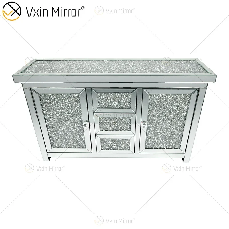 Silver Diamond Crystal Mirror Cabinet 7 Drawers