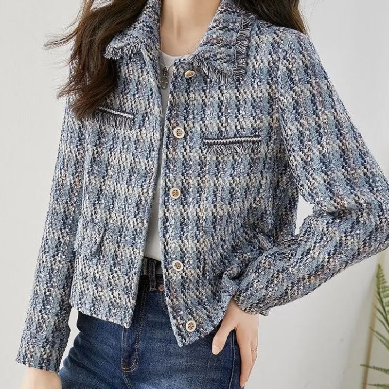 French Style Tweed Jacket 2026 New Spring Autumn Fashion Elegant Lapel Short Top Long Sleeve Single Breasted Cardigan Coat