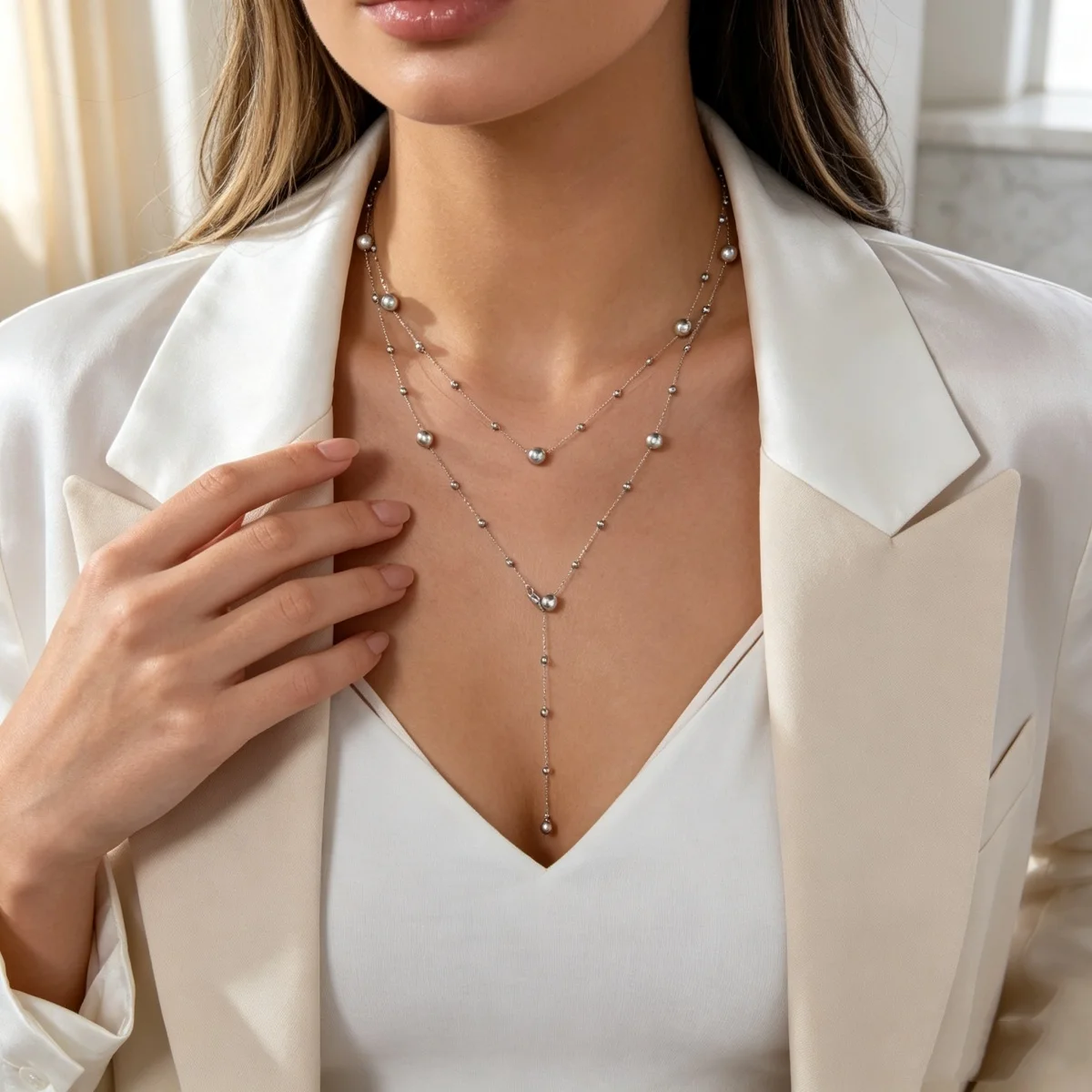 Zierliche silberfarbene Perlen-Stern-Schmuckkette mit simulierten Perlen in Y-Form für Damen und Herren, doppellagiger Y-förmiger Choker, ästhetisches Geschenk-Schmuckstück. – Detail 8