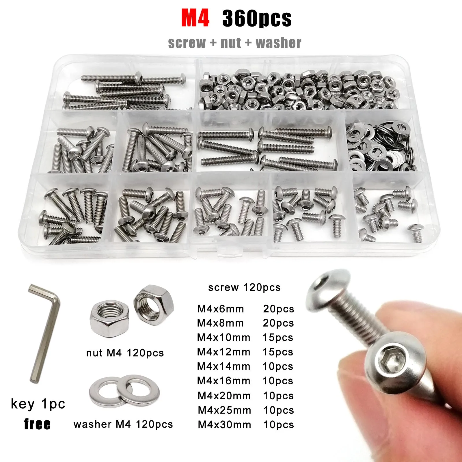 1 Set M1.6 M2 M2.5 M3 M4 M5 M6 M8 ISO7380 304 Stainless Steel Allen Hexagon Hex Socket Button Head Screw Bolt Nut Washer Kit Box