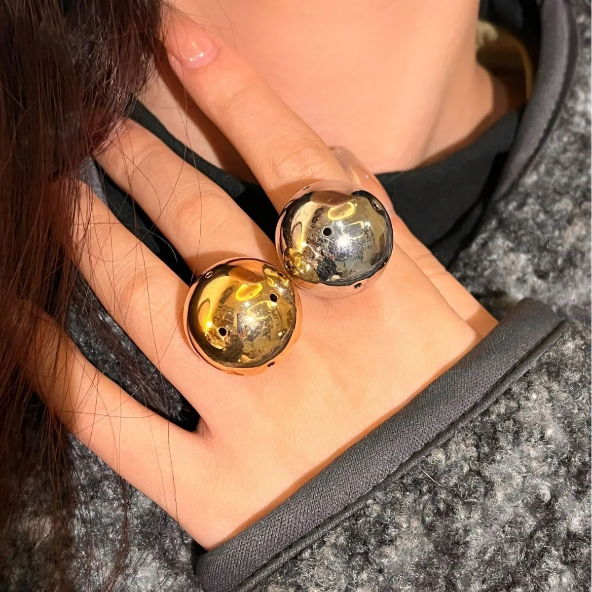 خمر كرة مستديرة معدنية كبيرة مفتوحة قابل للتعديل خواتم للنساء أوروبا وأمريكا شخصية مبالغ فيها مجوهرات الاتجاه الطرف