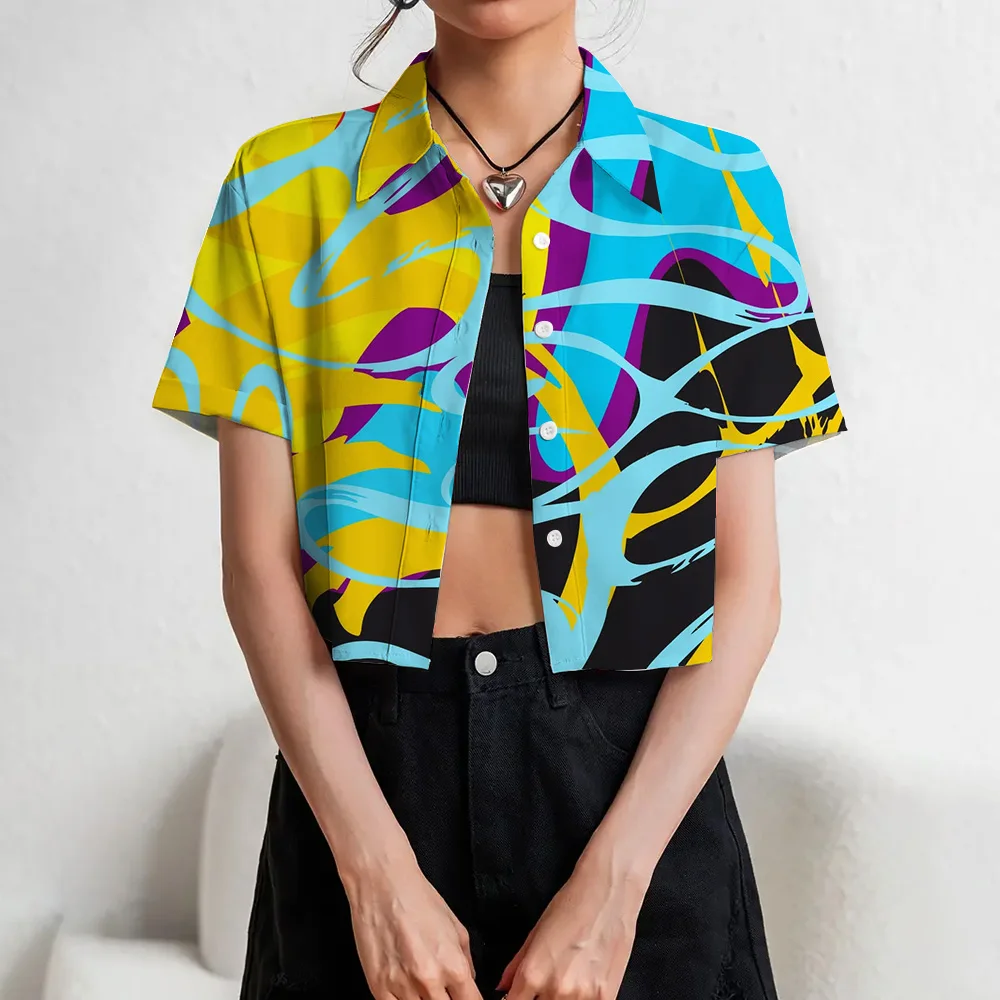 Trendy 3d Abstract Art Facial Printed Women's Lapel Button Shirts Fashion Slim Fit Crop Tops Summer Street Navel Exposed Tees