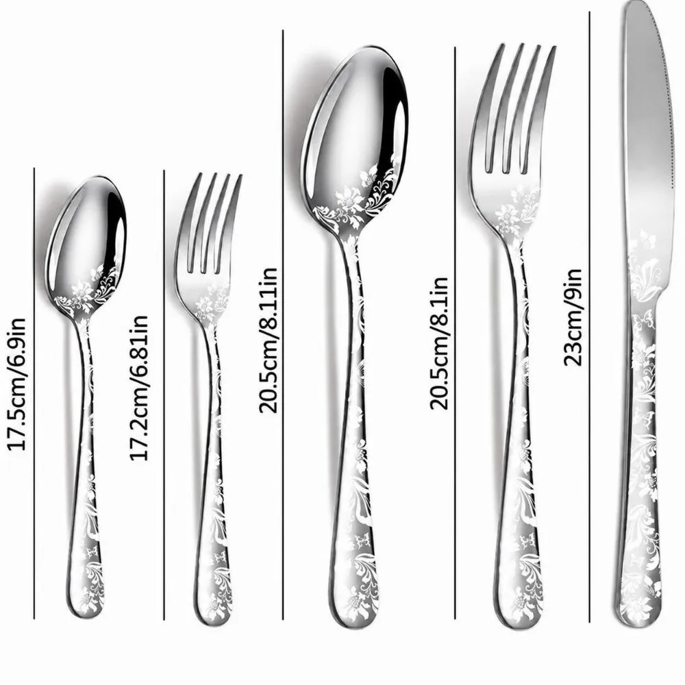 40pcs Stainless Steel Silverware Set Mirror Polished Silver Gold Flatware Set Rust Resistant Floral Pattern Cutlery Set