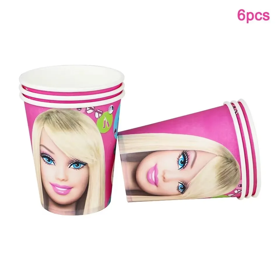 Barbiee Rosa decoraciones de fiesta de cumpleaños para niñas, taza de papel, plato, mantel, servilleta, banderín para Princesa, suministros para