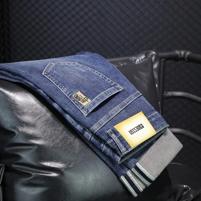 2024 Embroidered Jeans Men's Slim-Fitting Small Straight Stretch Fashion Trendy Casual All-Matching High-End Blue Men's Pants