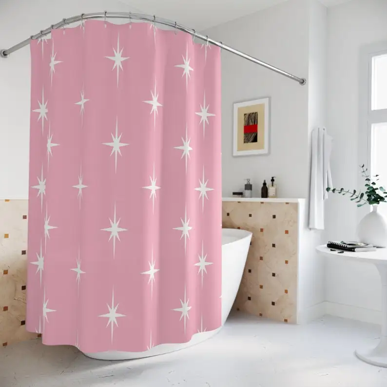 50s Retro Mid Century Modern Atomic Starburst Shower Curtains in Vintage Pink and White