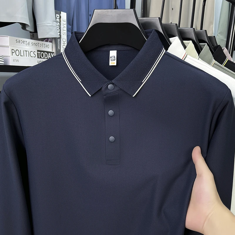 

2025 модная мужская однотонная рубашка-поло с длинным рукавом, тонкая футболка с отложным воротником, осенняя деловая повседневная базовая футболка