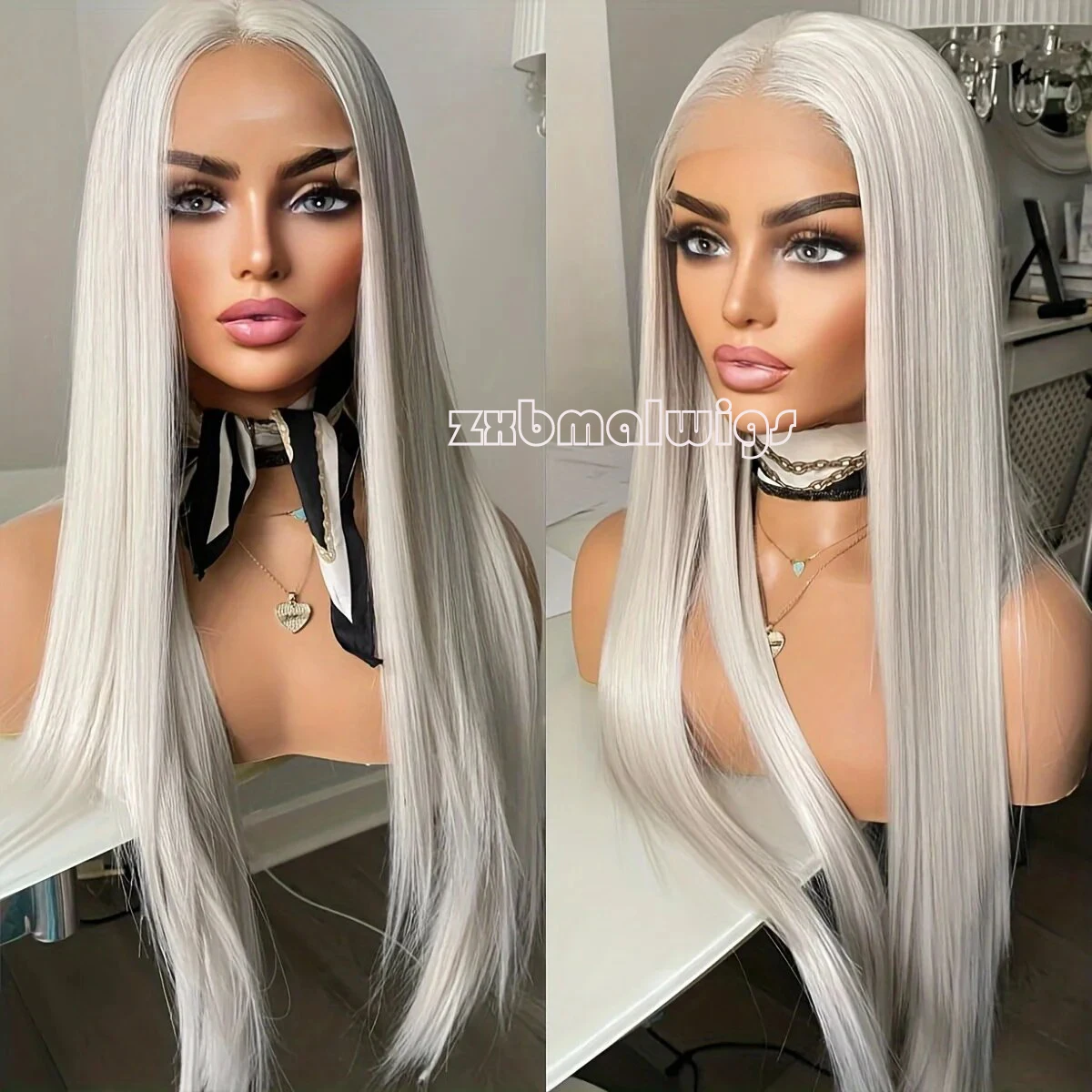 

ZXBMALWIGS синтетические 13X4 серебряные светлые прямые кружевные передние парики для женщин бесклеевые Косплей волосы Термостойкое волокно