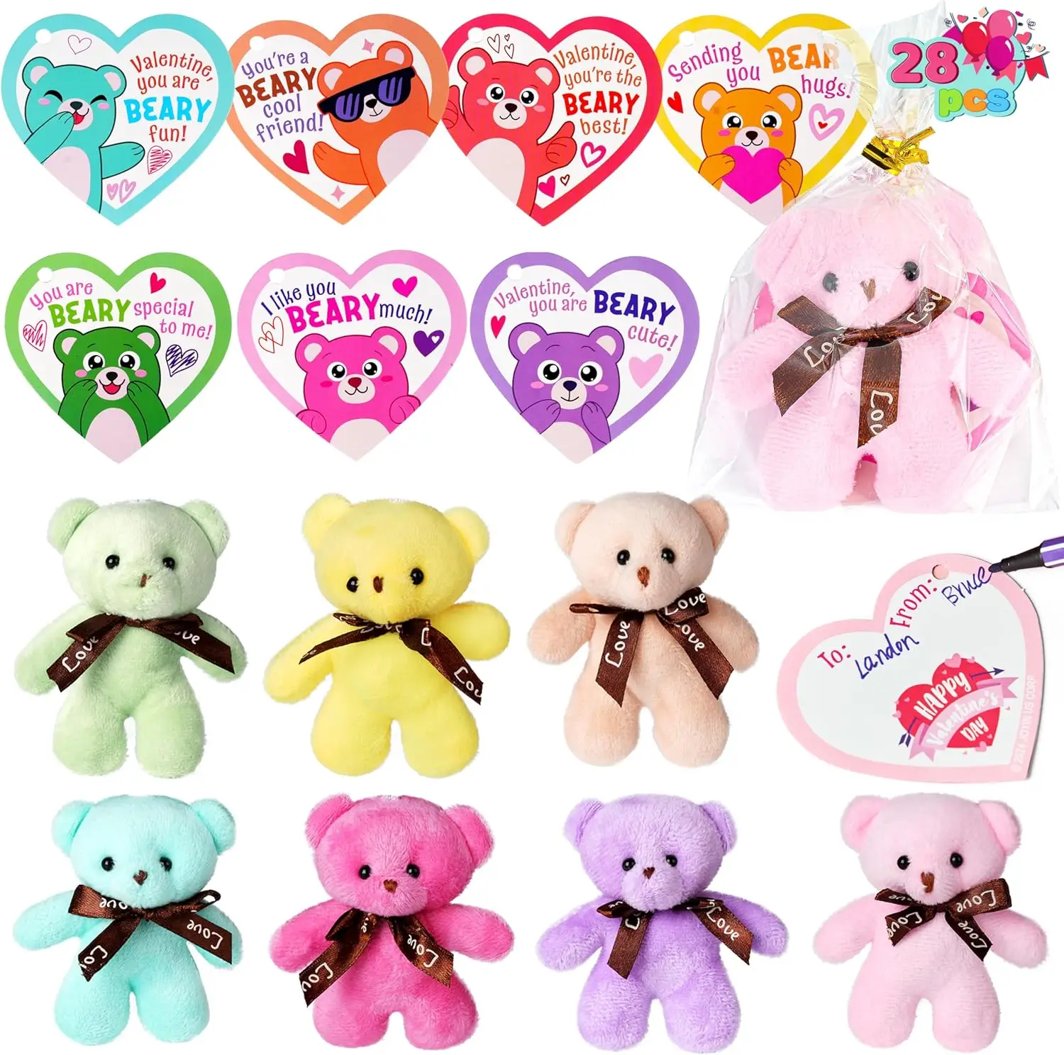 

28 Pack Valentine's Day Gift Cards with Bear Plush Toys, Mini Plush Keychains for Kids Party Favors and Classroom Exchange