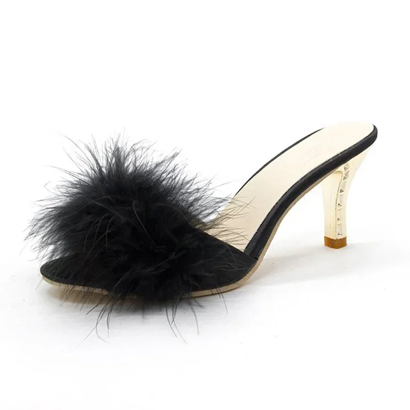 Women Slippers Summer 2024 New Fashion Hairy Stiletto Sandals Slippers Women Word Drag Open Toe Wear High Heel Slippers Women