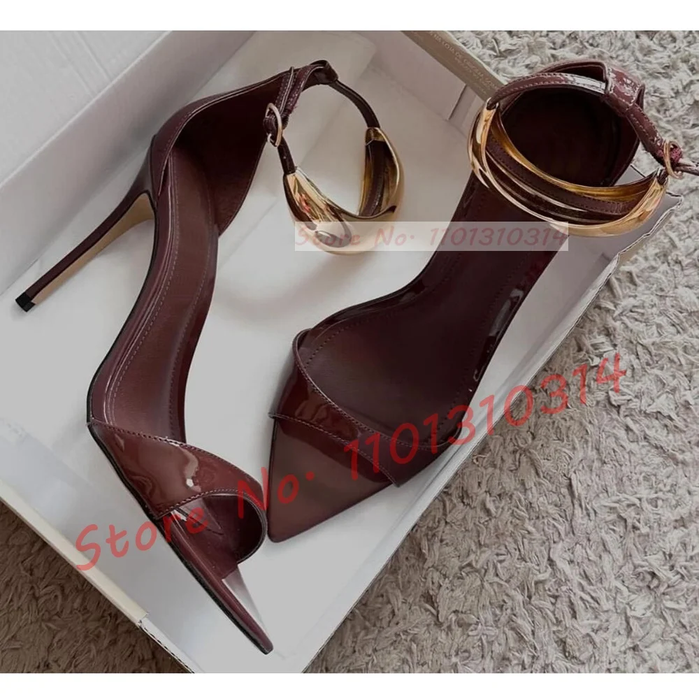 Tan Pointed Toe Sandals With Metal Ring Women Summer Sexy Ankle Strap Sandals Ladies Trending Evening Dress Stiletto Shiny Shoes