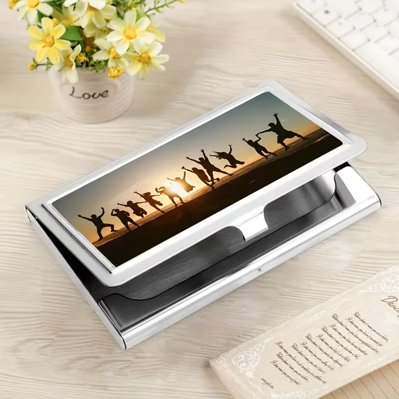 Custom photo metal business card holder, made of stainless steel, designed for professional use and gifting