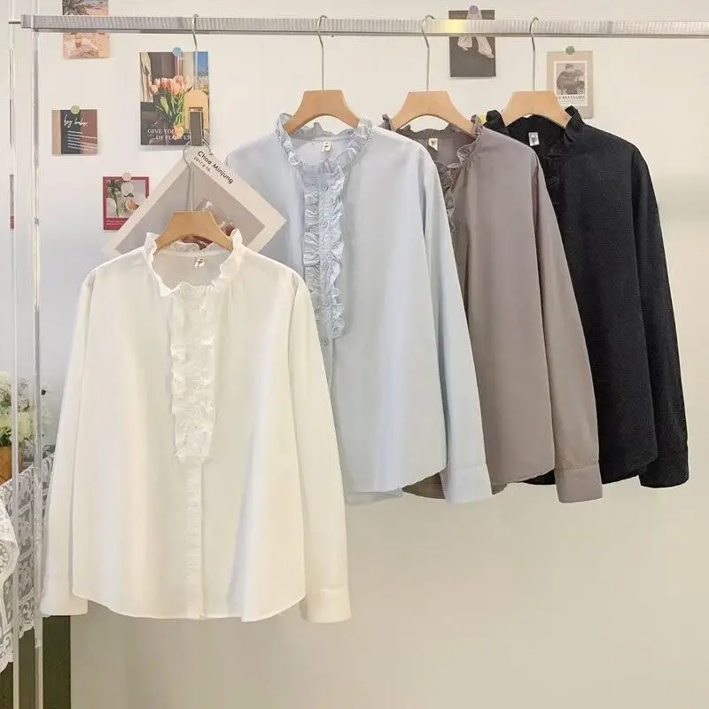 

Spring 2026 Japanese Style Small Fresh Stand Up Collar Lace Patchwork Solid Color Loose Women's Shirt New Women's Shirt